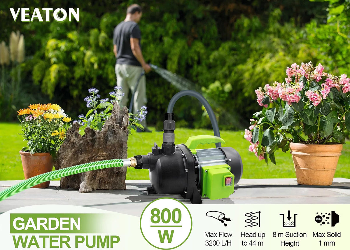 Garden Booster Water Pump 800W 3200L/H 44m Lift 4m Suction Hose Sprinkler Kit