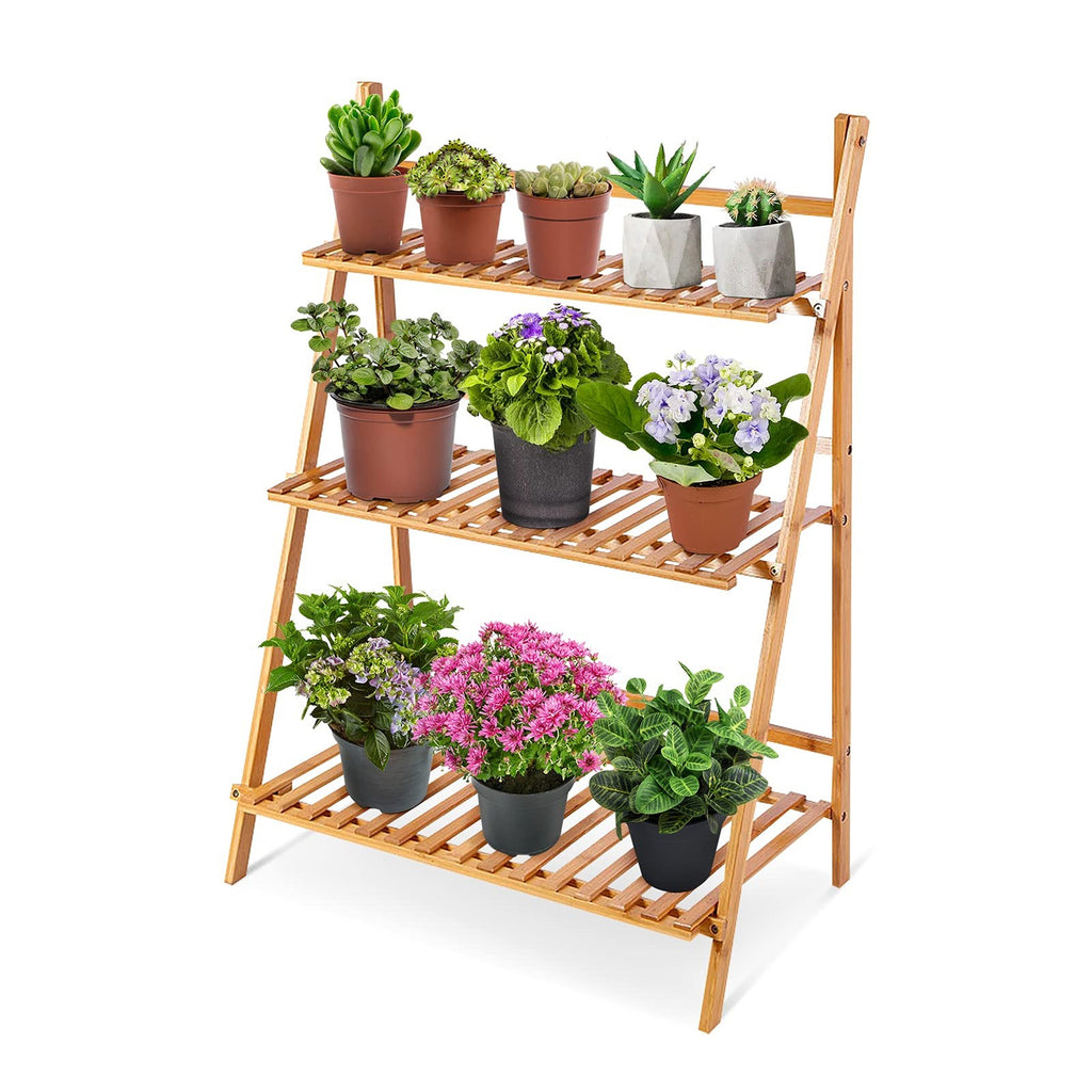 3 Tier Bamboo Plant Stand Foldable Ladder Shelf Indoor Outdoor