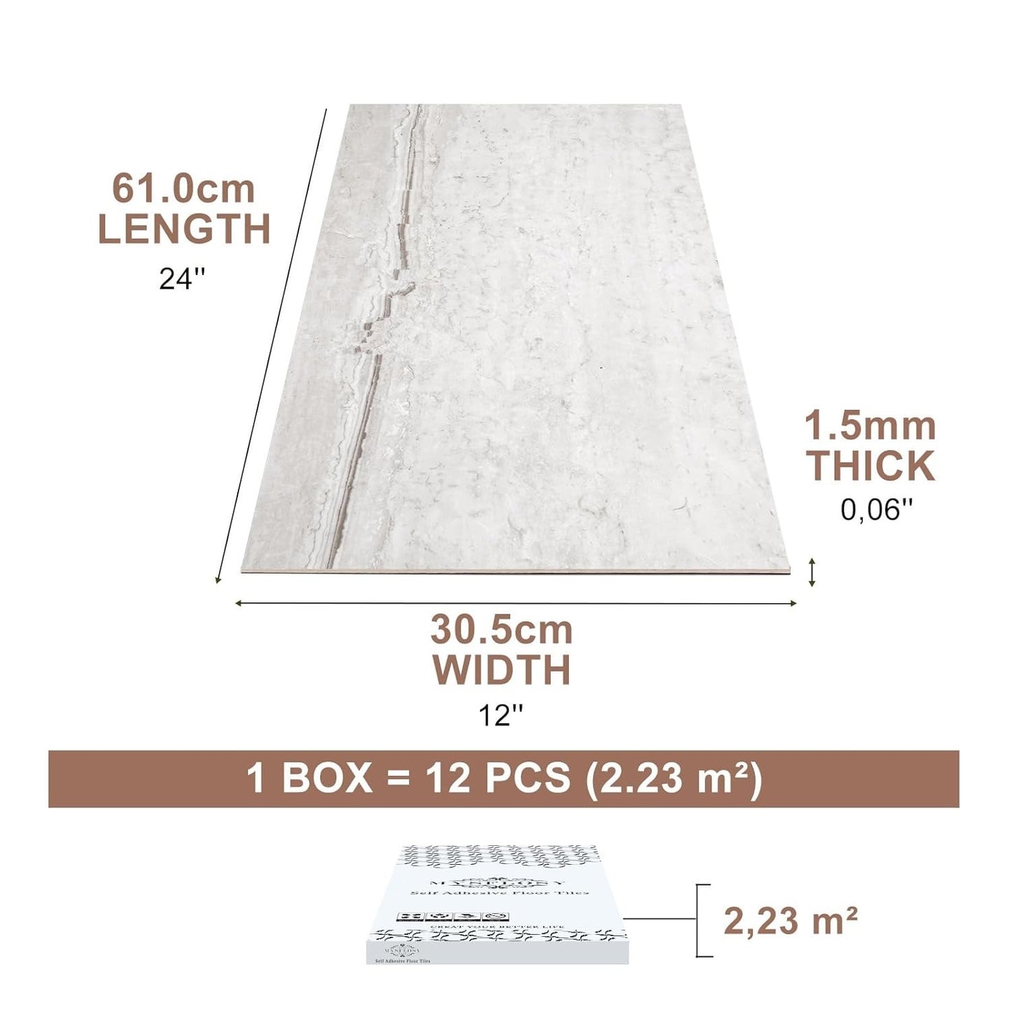 Self Adhesive Floor Tiles Stone Effect Vinyl Flooring Peel Stick 61 x 30.5 cm