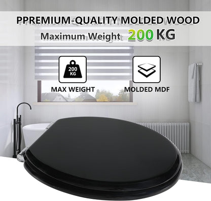 Toilet Seat Soft Close Black Wooden Oval Adjustable Hinges Quick Release 45x37cm