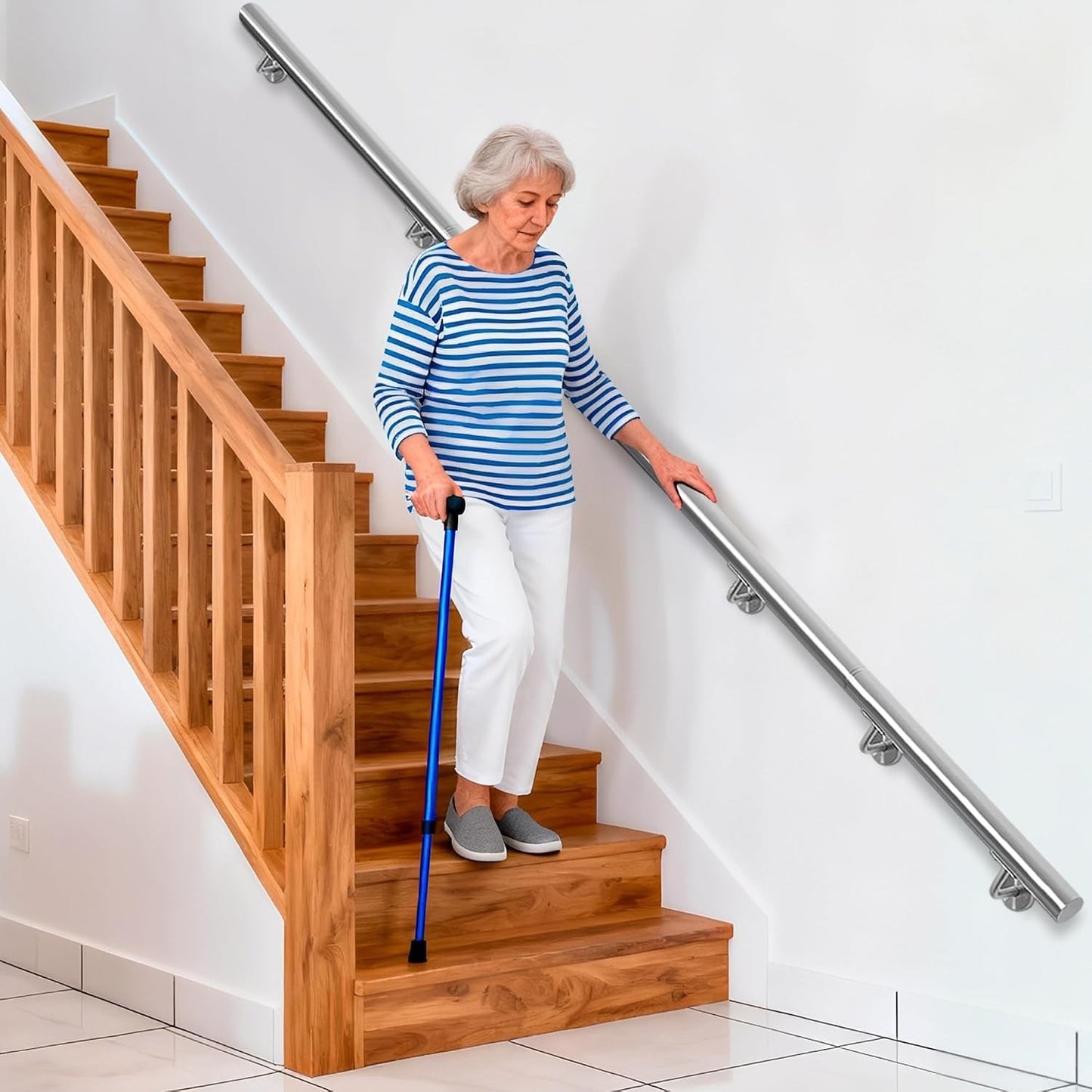 Stainless Steel Handrail 350cm Stair Banister Rail Wall Mount 6 Brackets Silver
