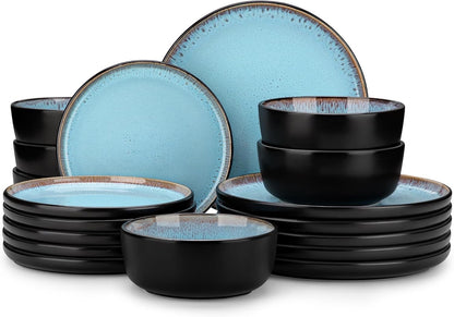 Dinner Set Stoneware 15 Piece Reactive Glaze Plates Bowls Blue Service