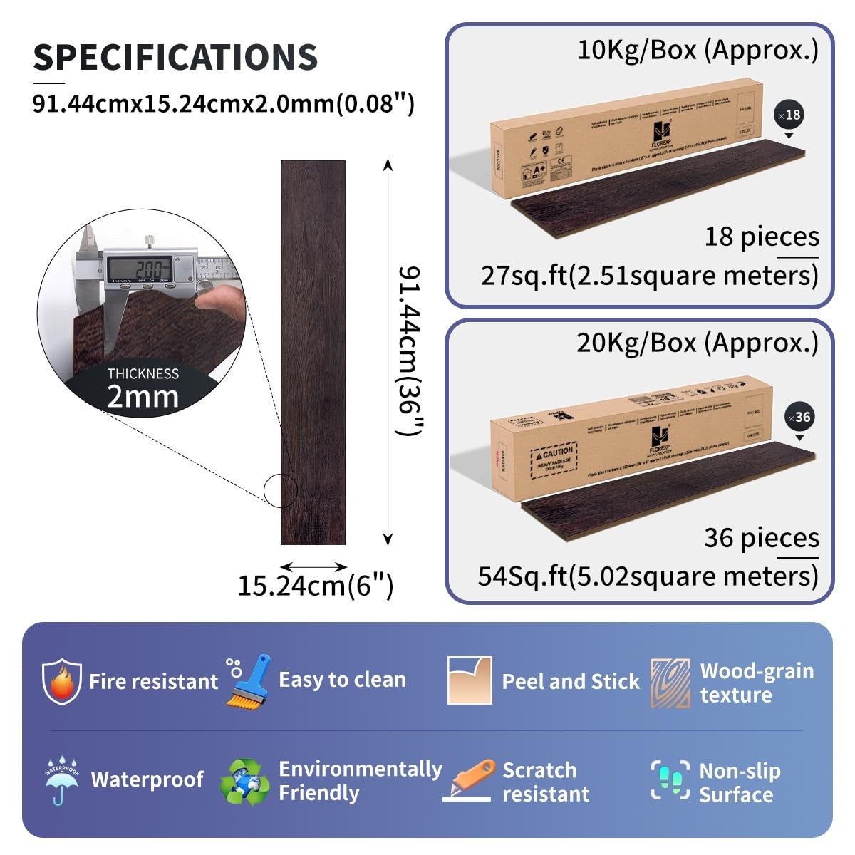 36pc Dark Poplar Peel Stick Vinyl Floor Tiles 2.0mm Waterproof 5.02sqm Pack