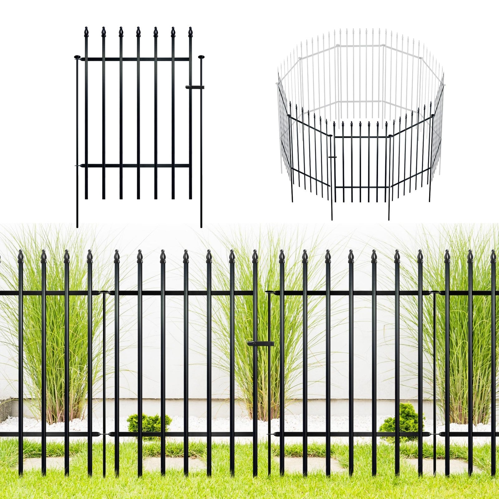 ARIFARO 3m Decorative Metal Garden Fence 4 Panels & Gate Pet Barrier 81cm High