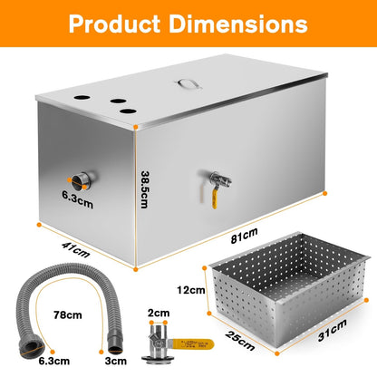 Grease Trap Interceptor 128L Stainless Steel Commercial Kitchen Oil Separator Ta