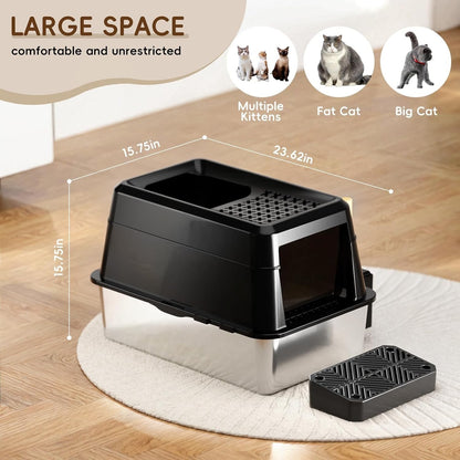 Cat Litter Tray Box XXL Stainless Steel 26L High Wall Leakproof Lid Scoop Black