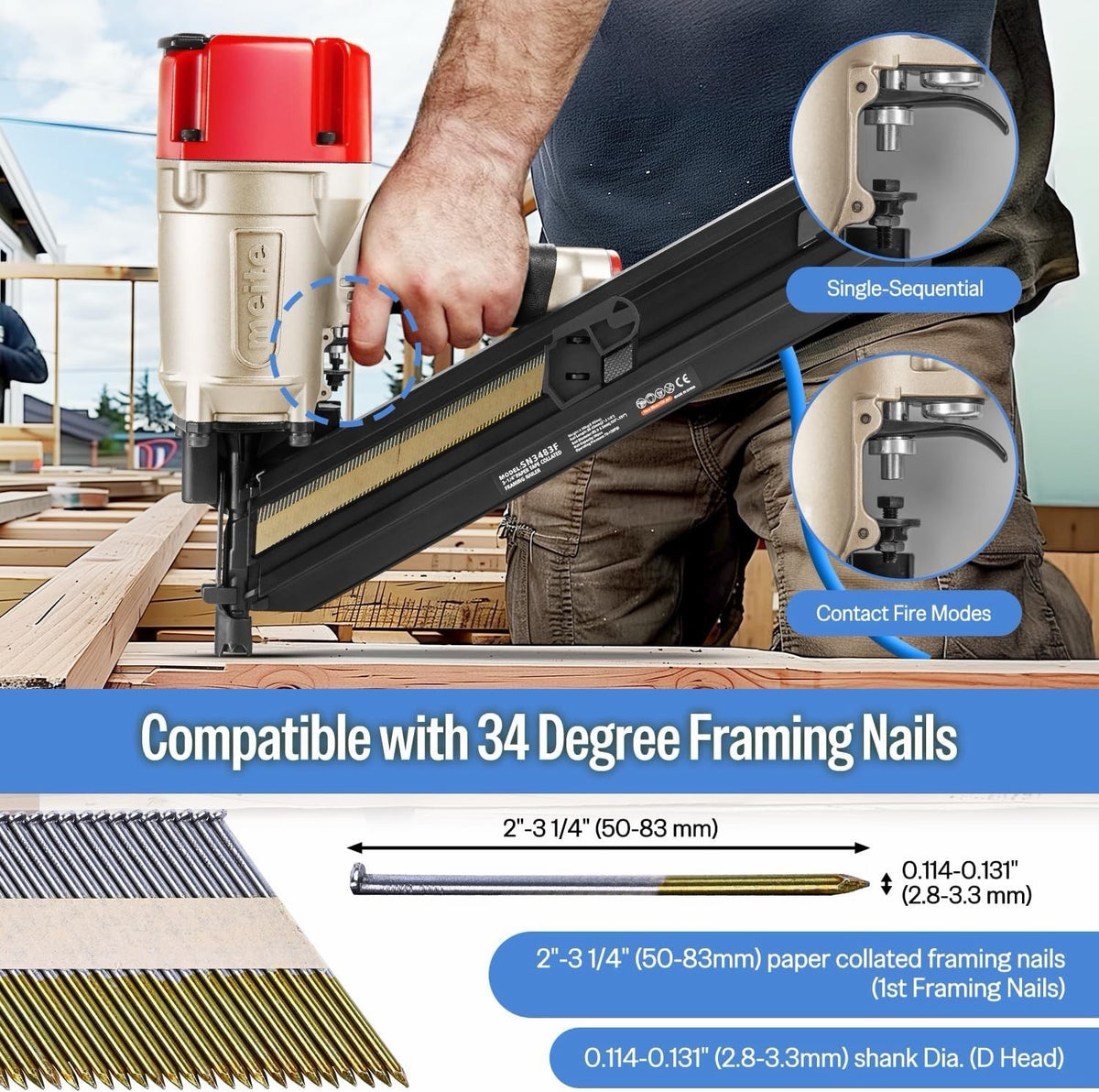 Framing Nail Gun Pneumatic 34 Degree 50-83mm Meite SN3483F Angled Air Nailer