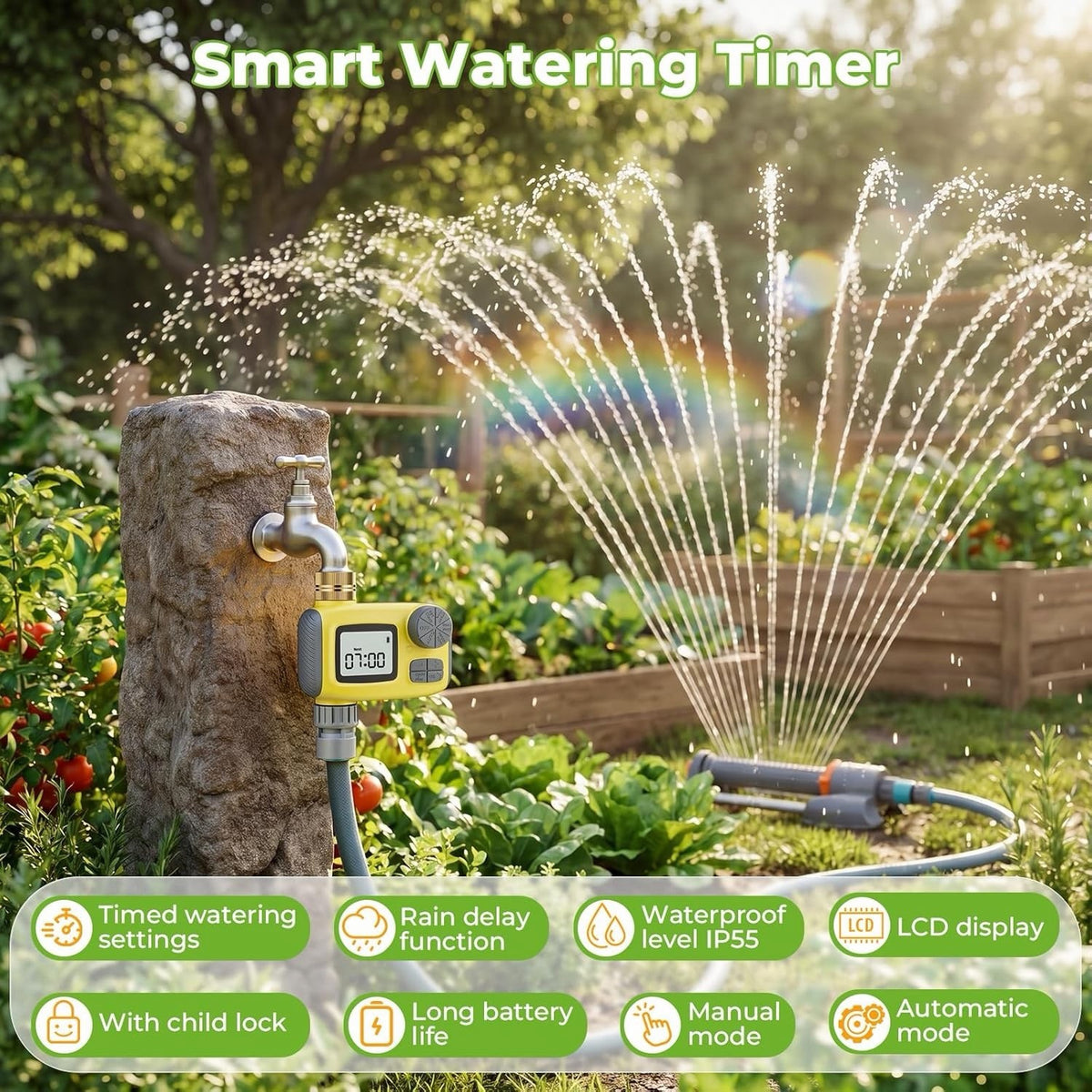 Garden Sprinkler Watering System 3 in 1 Oscillating 20 Nozzle Timer 10m Hose Kit