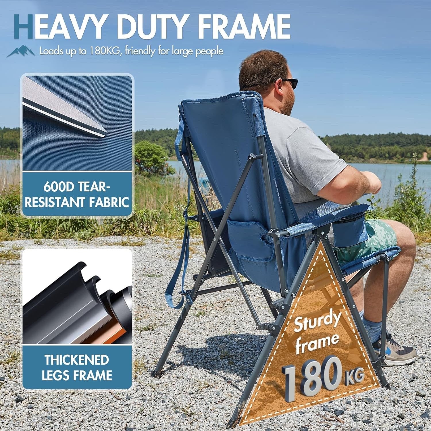 Camping Chair Folding Lumbar Support Heavy Duty 180KG High Back Garden