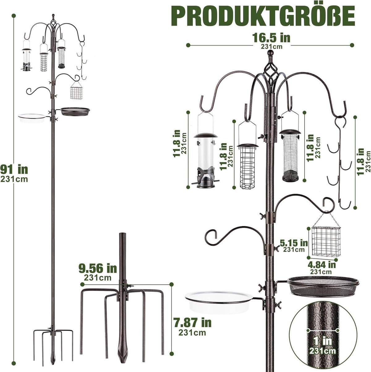 Bird Feeder Feeding Station Pole 231cm 6 Feeders Metal Garden Stand 5 Prong Base