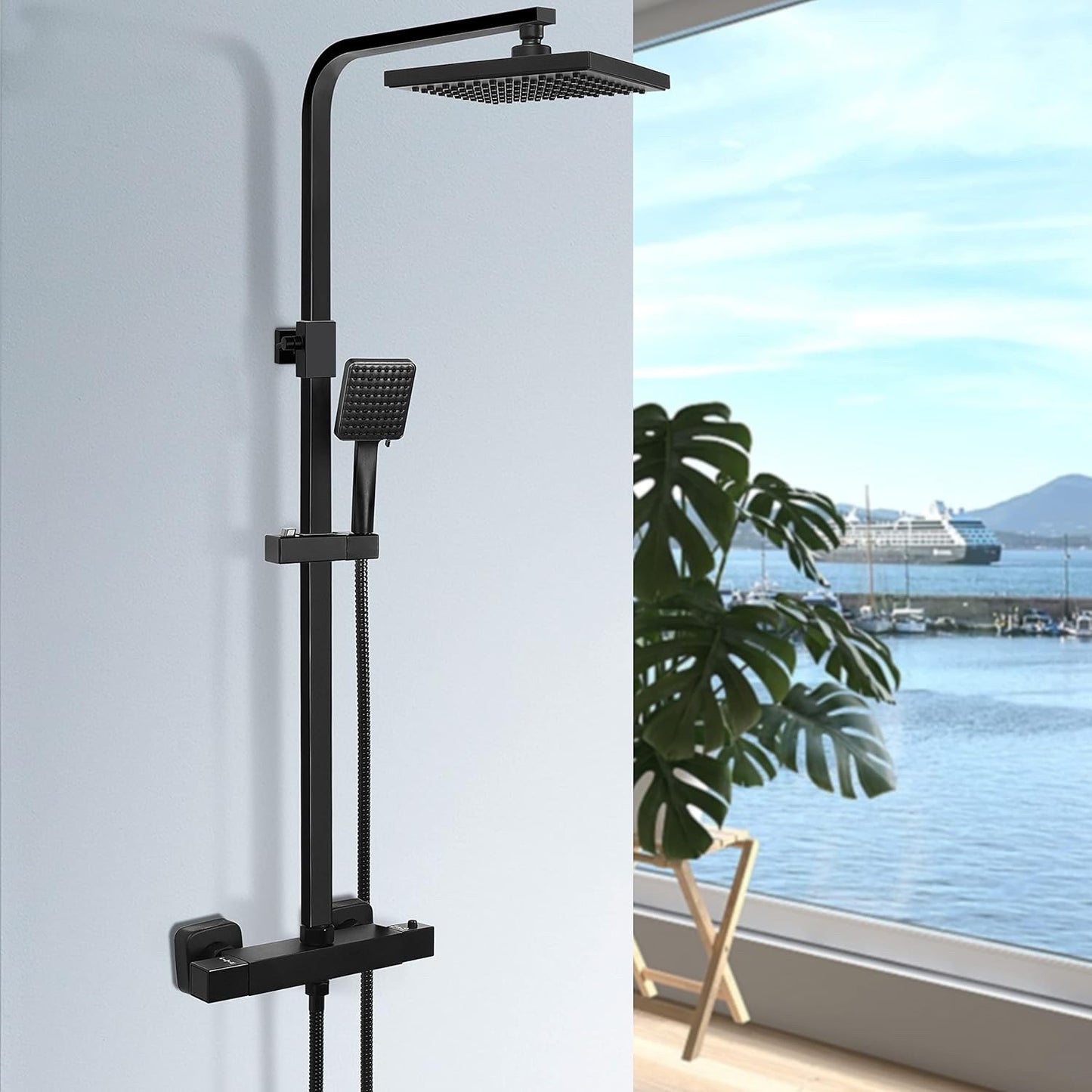 Shower Mixer Thermostatic Rainfall Set Head Rail Kit Anti Scald Black Square
