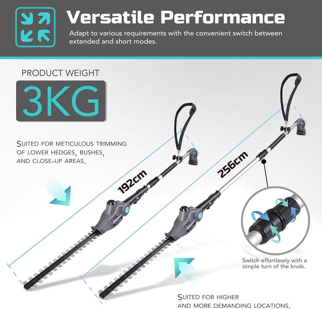 Cordless Telescopic Hedge Trimmer Long Reach 2x 2.0Ah Batteries Adjustable