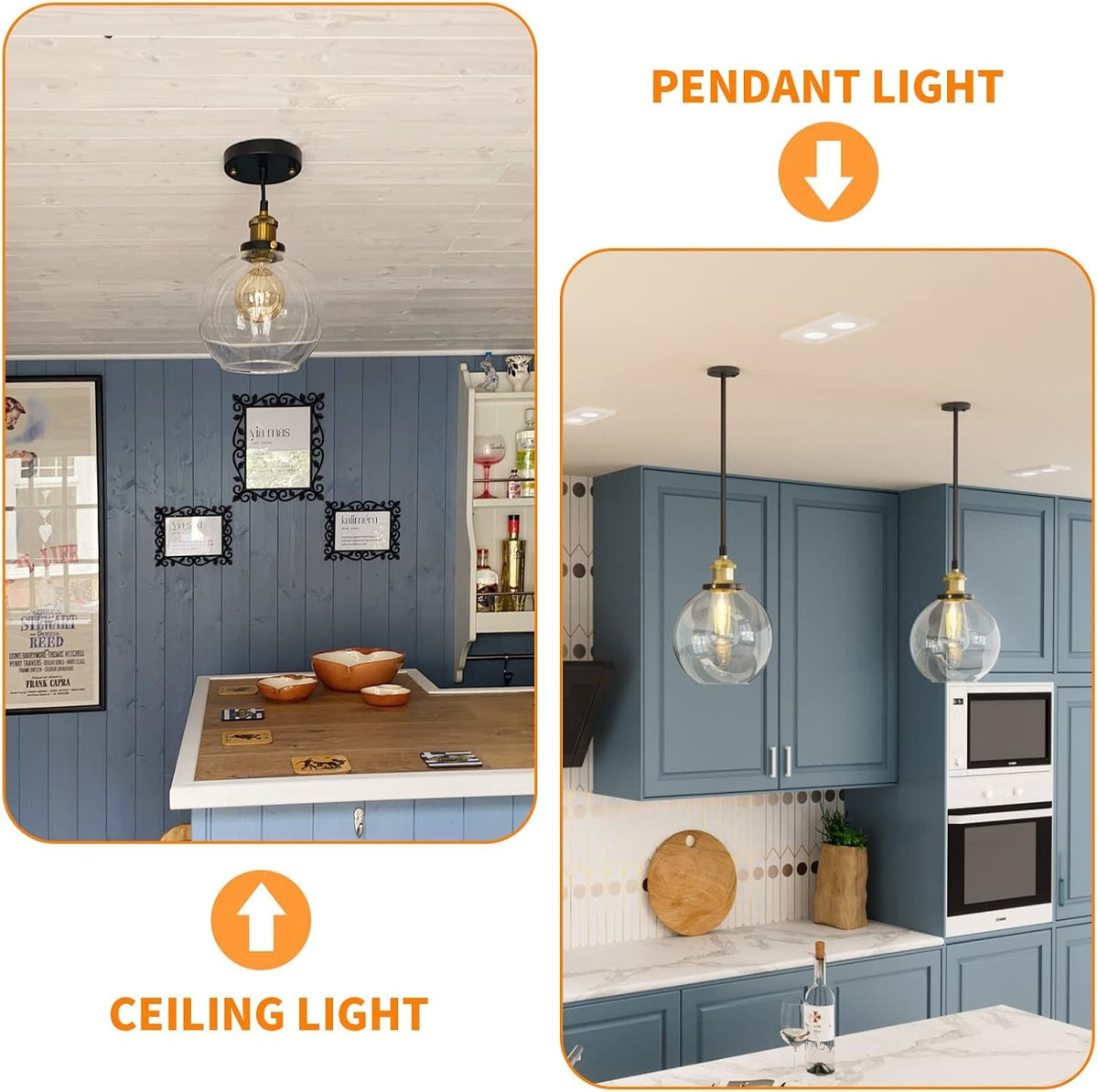 Pendant Ceiling Lights Glass Globe 2 Pack Clear 20cm E27 Vintage Kitchen Hanging