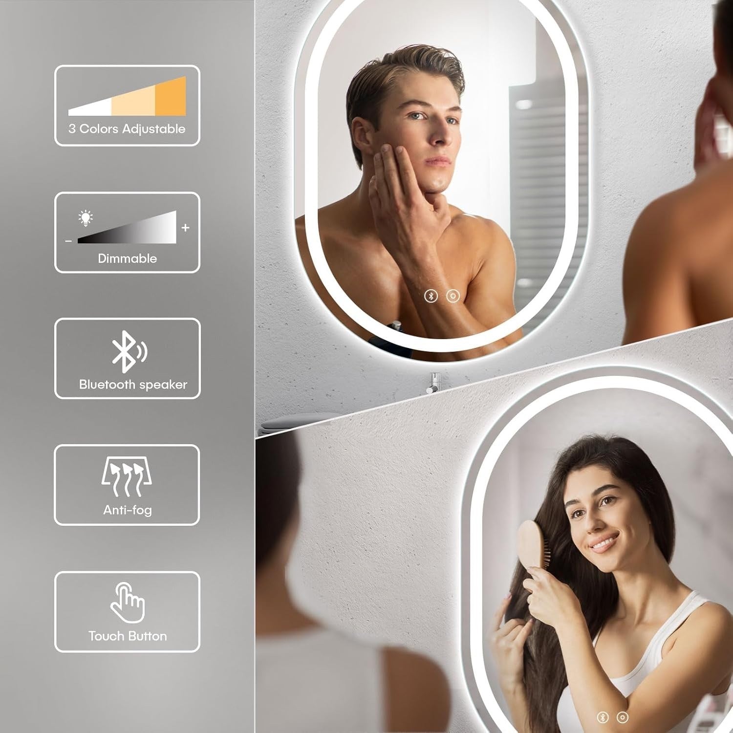 Bathroom LED Mirror Bluetooth 500x700mm Oval Demister Dimmable Wall Light IP44