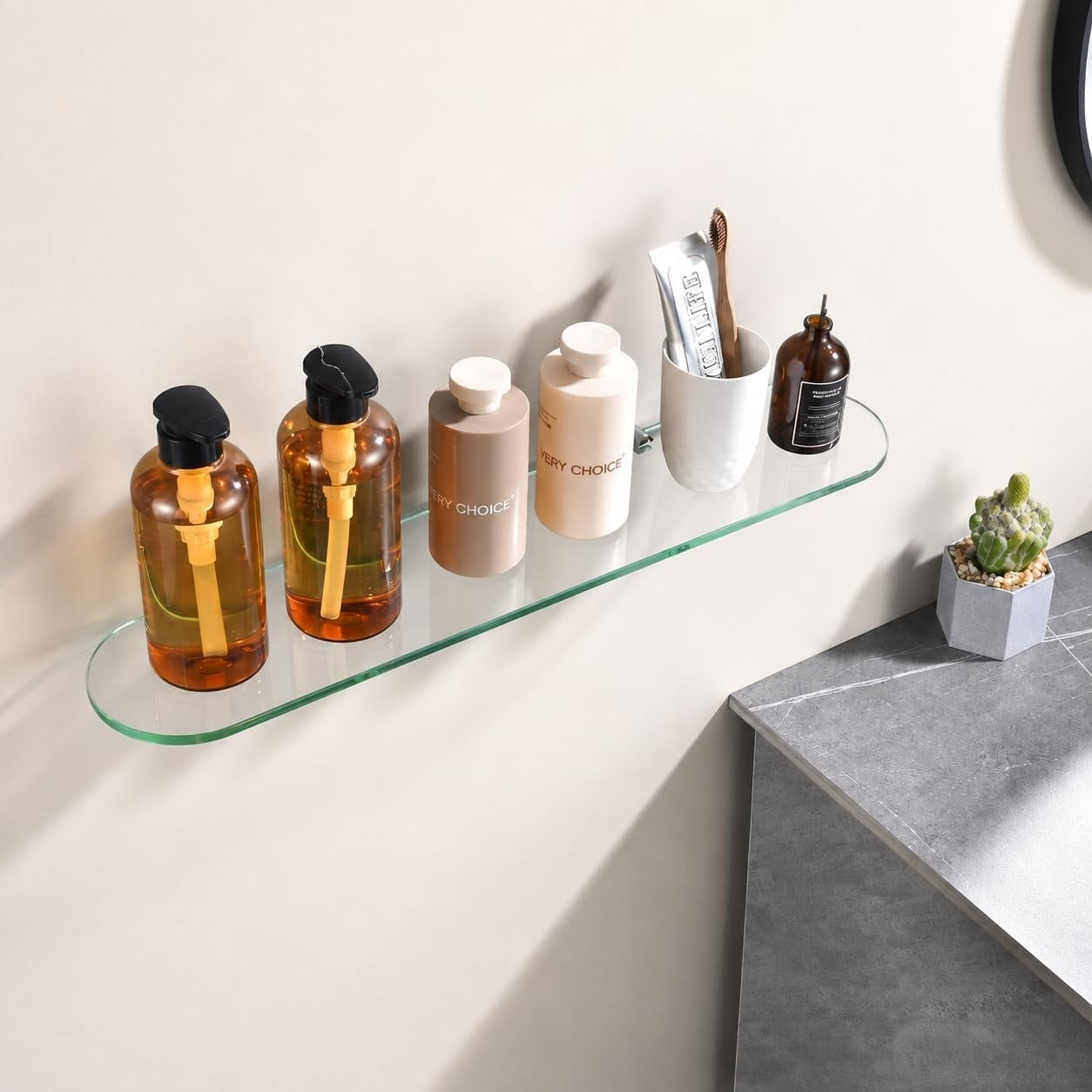 Bathroom Glass Shelf Shower Wall Mounted 80cm Clear Tempered Glass Chrome Clamp