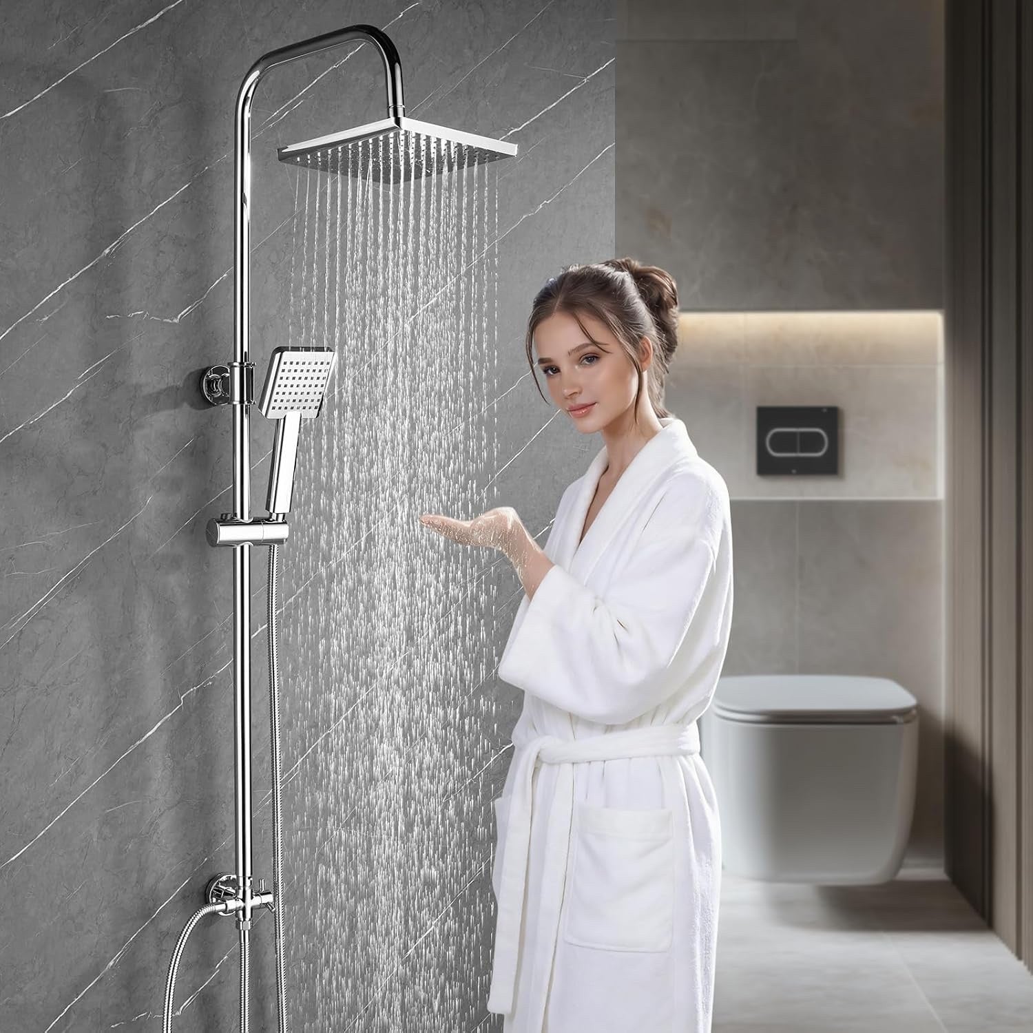 Shower Riser Rail Kit 8in Rainfall Head Handheld Chrome Adjustable Bathroom Set