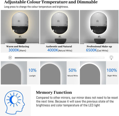 LED Bathroom Mirror 50x70 cm Dimmable Demister Illuminated Wall Vanity 3 Colour