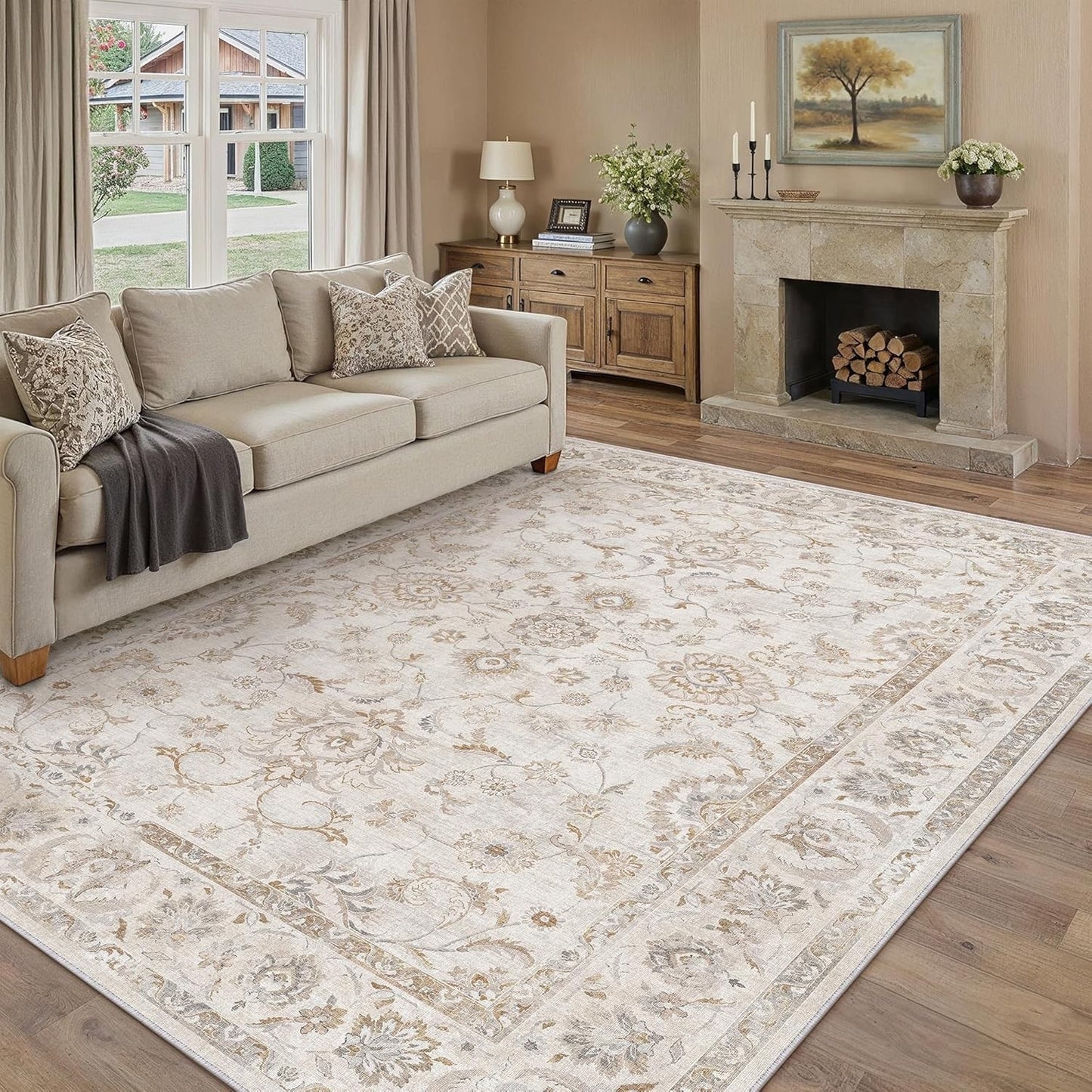 Large Area Rug Carpet 240x300cm Beige Vintage Washable Non Slip Low Pile Soft