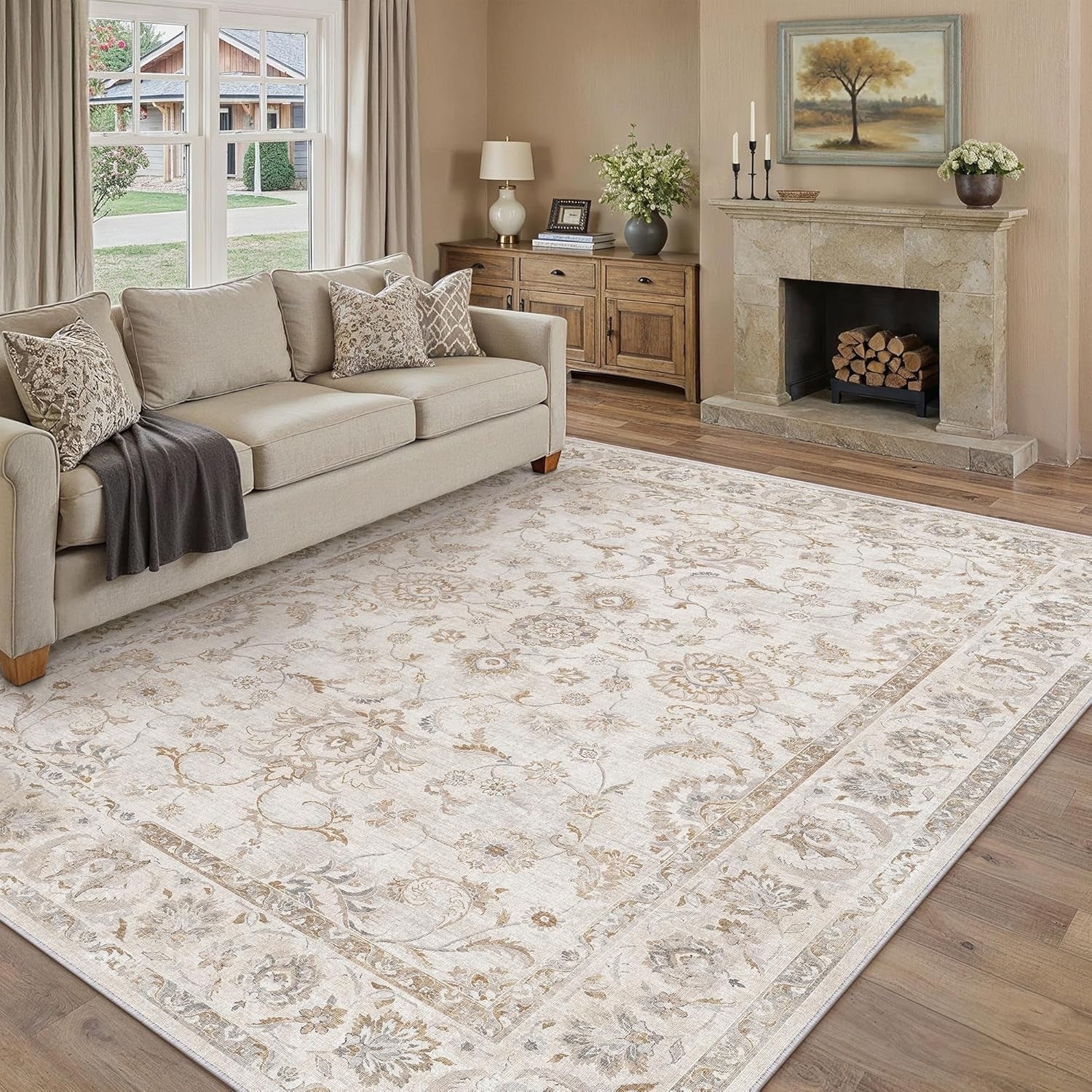 Large Area Rug Carpet 240x300cm Beige Vintage Washable Non Slip Low Pile Soft