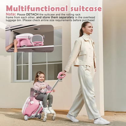 Kids Ride On Suitcase Luggage 20" 35L Carry On Trolley Seat Foldable Pink Travel