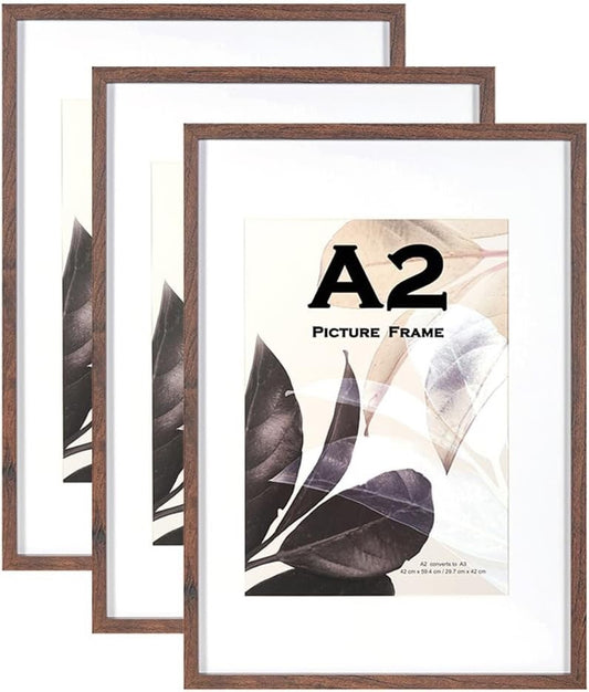 A2 Picture Frame Walnut Set 3 Wooden Wall Mount A3 Photo Poster Certificate Mat