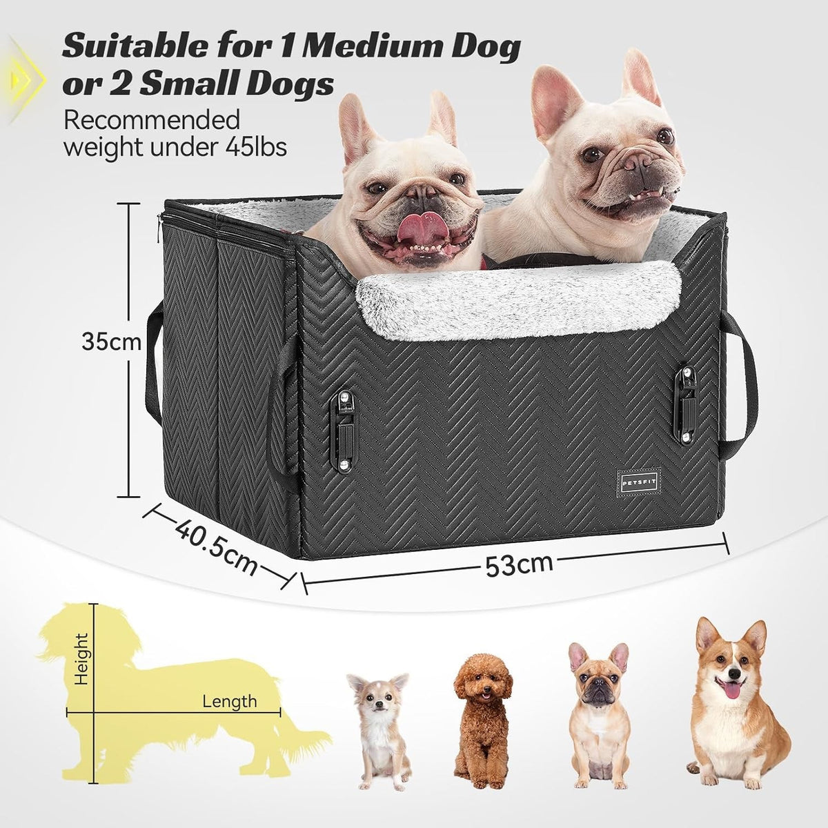 Dog Car Booster Seat Medium Black Leather 59x45x34cm Safety Leash Foldable 25lb