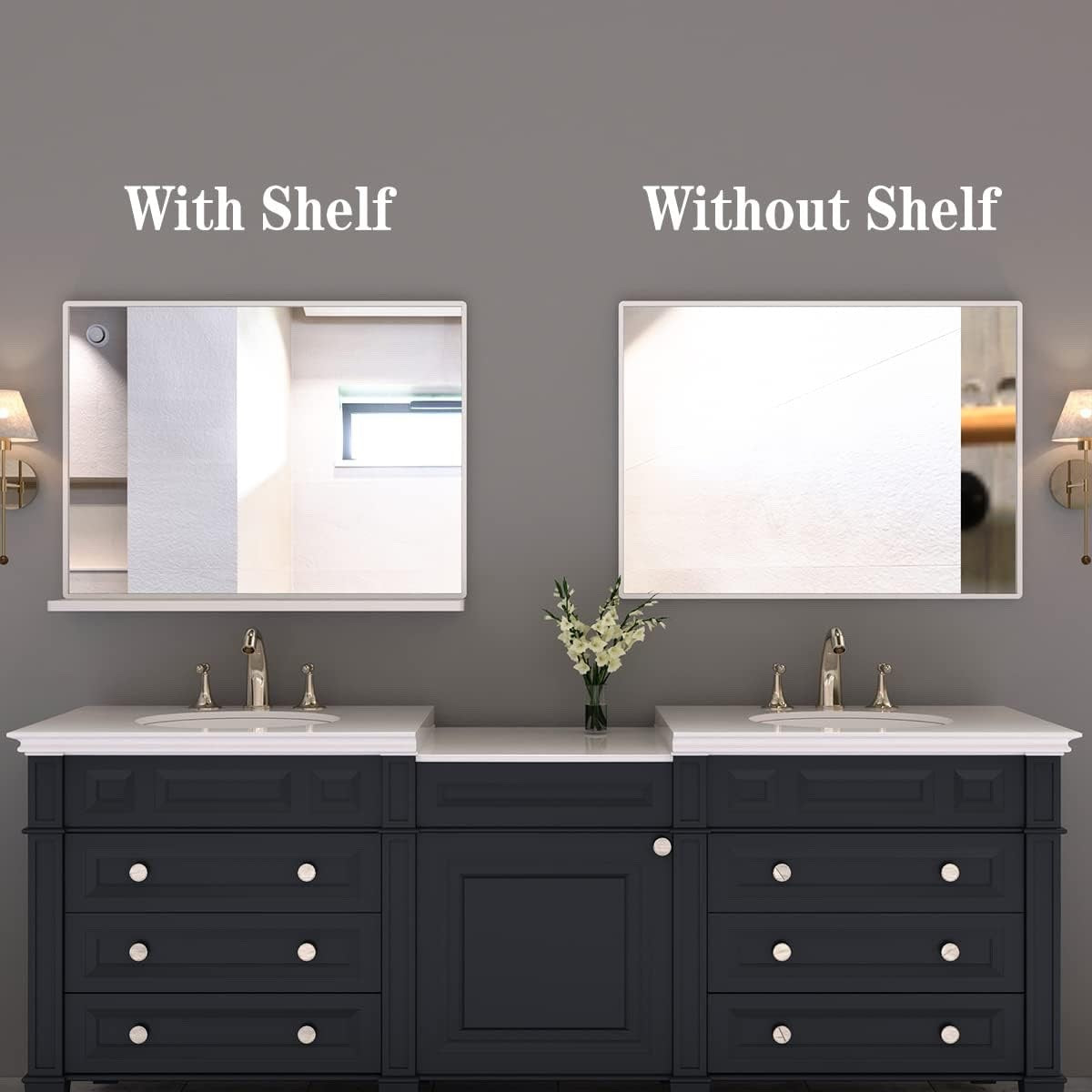 Bathroom Mirror Wall Shelf Rectangular 80.7x62cm White Metal Frame Modern Decor