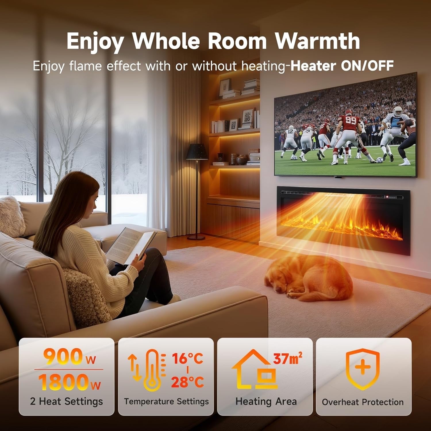 INMOZATA 127cm Electric Fireplace Recessed/Wall 12-Colour LED Flame 900/1800W