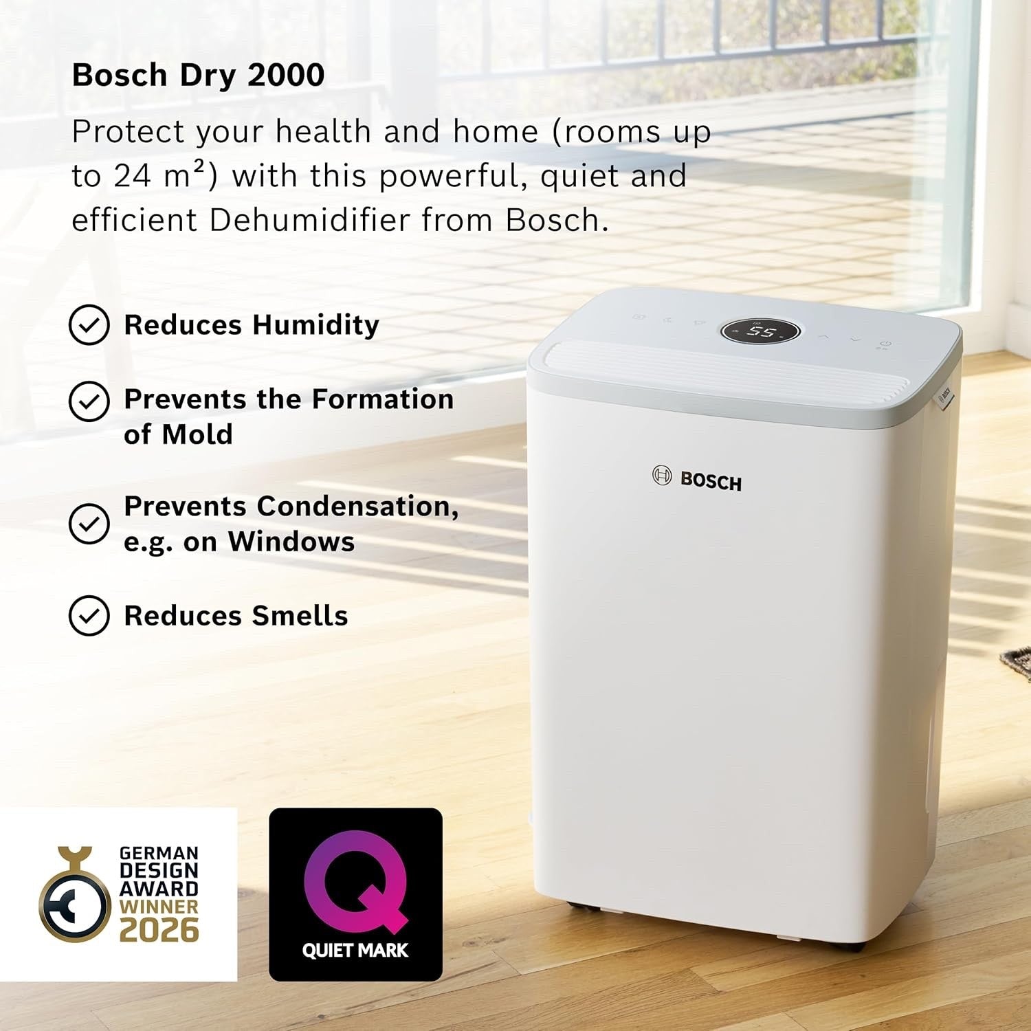 Bosch Dehumidifier Air Dryer 12L Dry 2000 Quiet Portable 2.5L Tank Home White