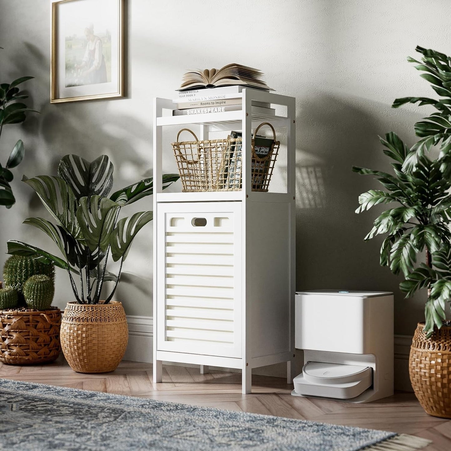 Laundry Hamper Cabinet Bamboo Tilt Out Bathroom Storage Basket Shelf 40L White