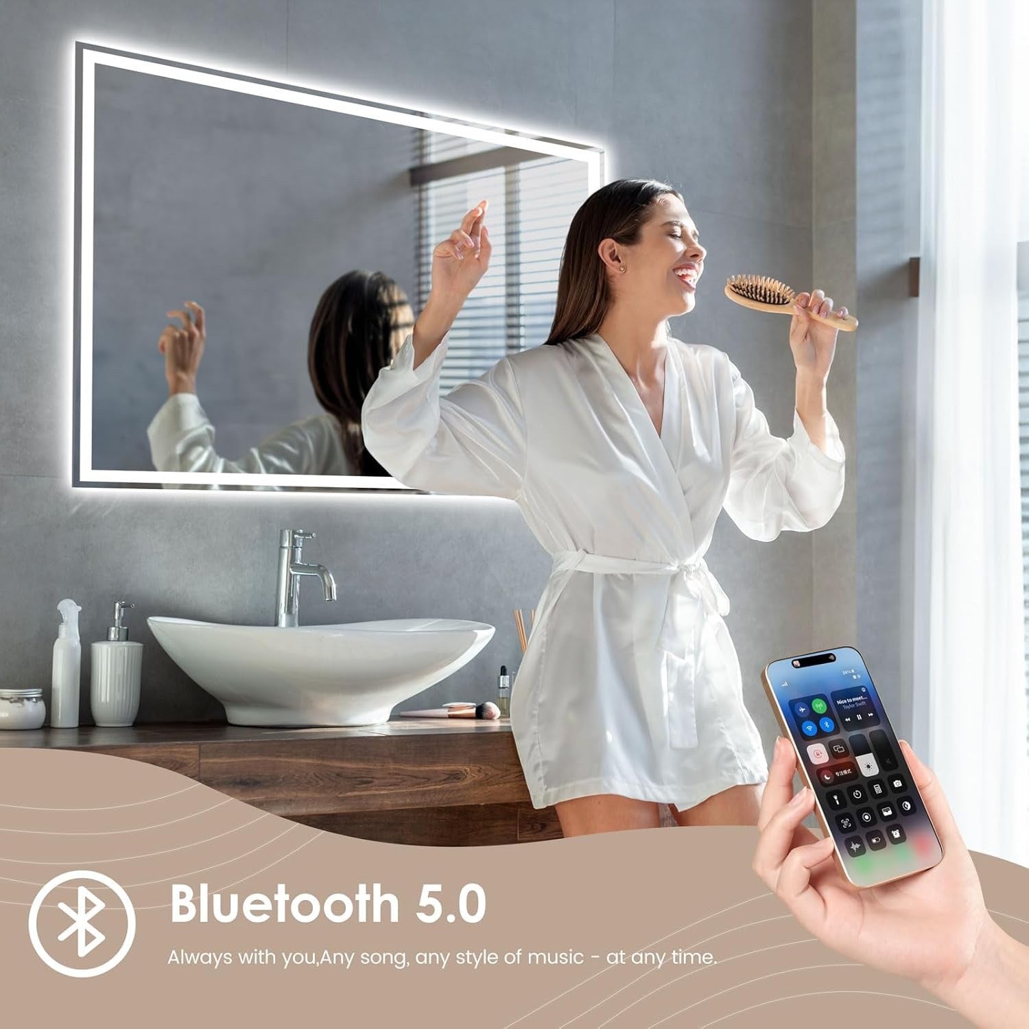 LED Bathroom Mirror Bluetooth Speaker Shaver Socket Anti Fog 50x70cm Dimmable