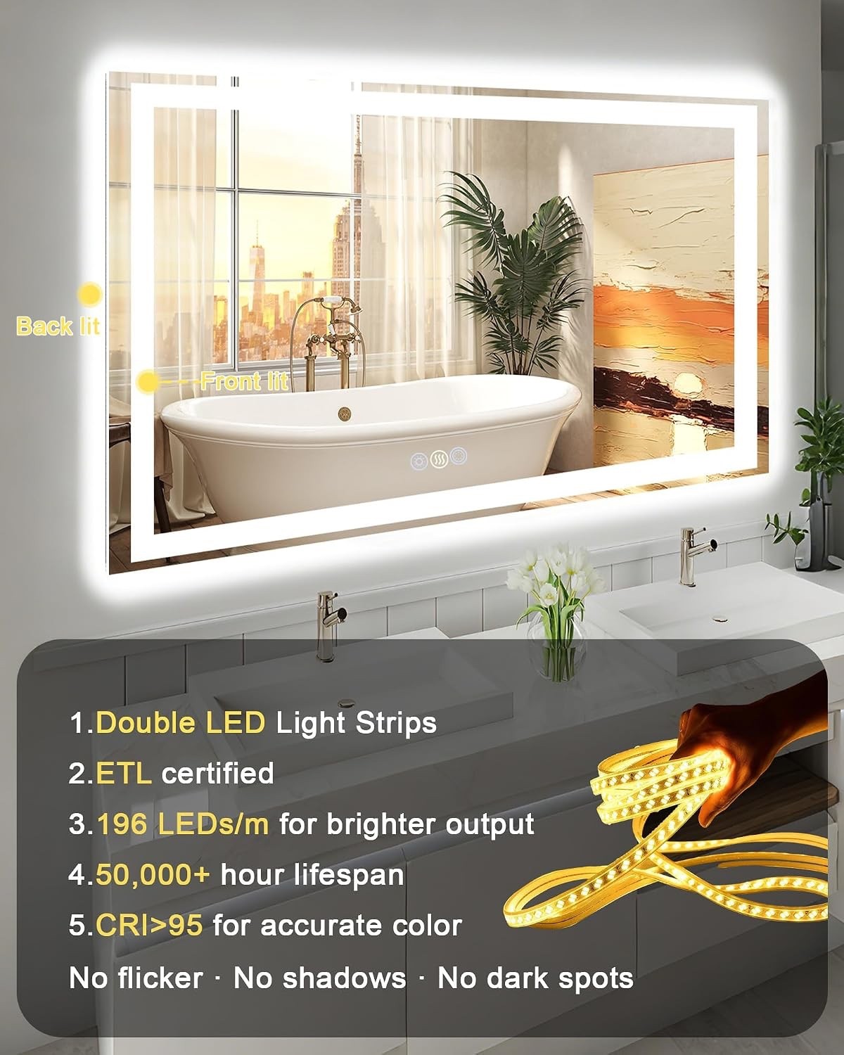 Bathroom Mirror LED 24x32in Front Backlit Anti-Fog Dimmable 3 Color Temperature