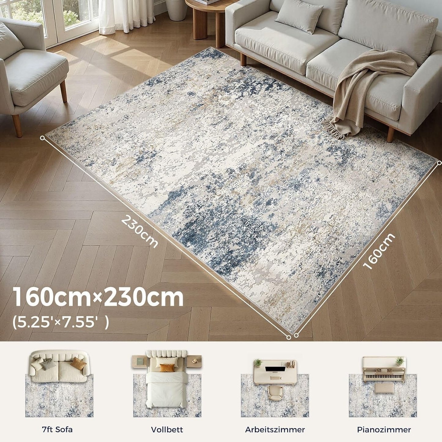 Area Rug Living Room 160x230cm Beige Blue Washable Abstract Soft Non Slip Carpet
