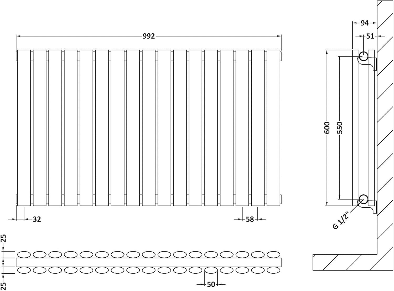 Nuie HL339D Revive Modern Home Wall Mount Horizontal Double Panel 600x992x78mm