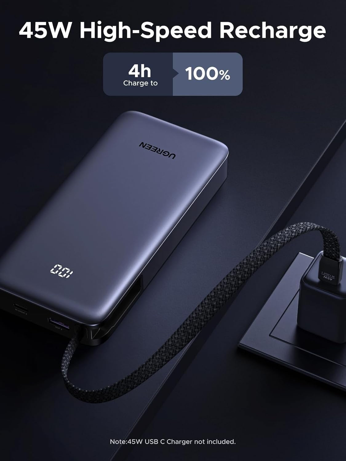 20000mAh Power Bank 45W Fast Charger Built-In USB-C Cable 3 Port Laptop Phone