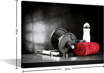 Gym Wall Art Canvas Dumbbells Fitness Print Framed 36x24in Black Workout Decor