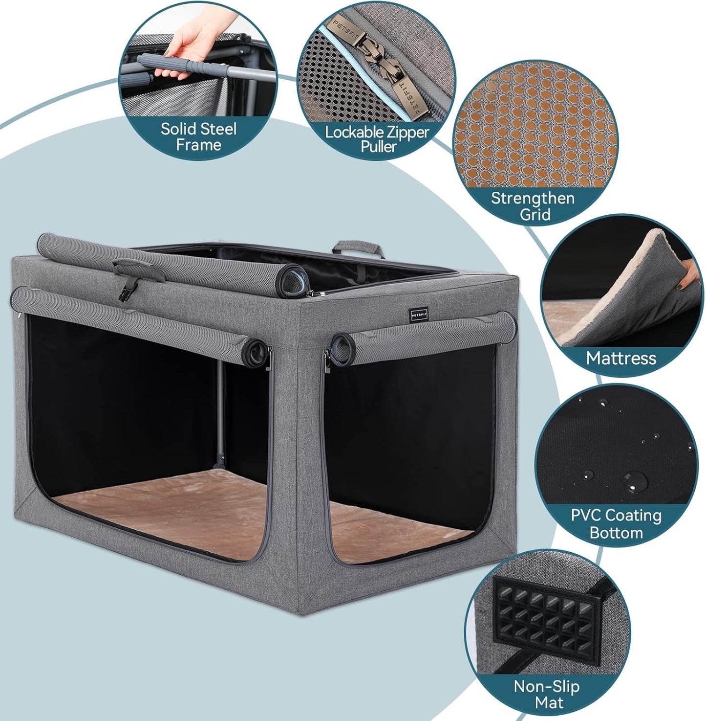 Dog Crate Soft Fabric Foldable Petsfit Large 91cm Portable Indoor Travel Grey