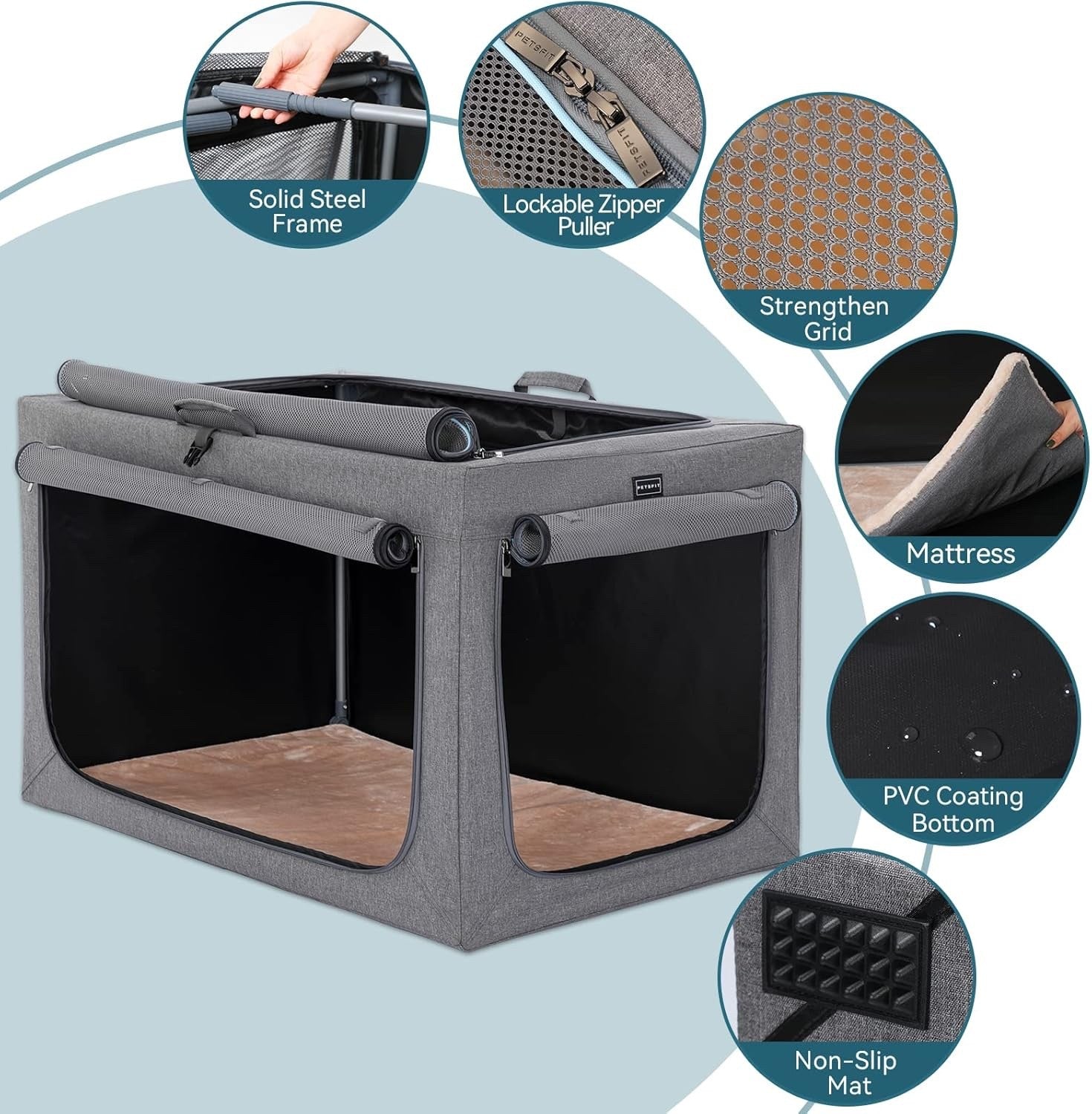 Dog Crate Soft Fabric Foldable Petsfit Large 91cm Portable Indoor Travel Grey
