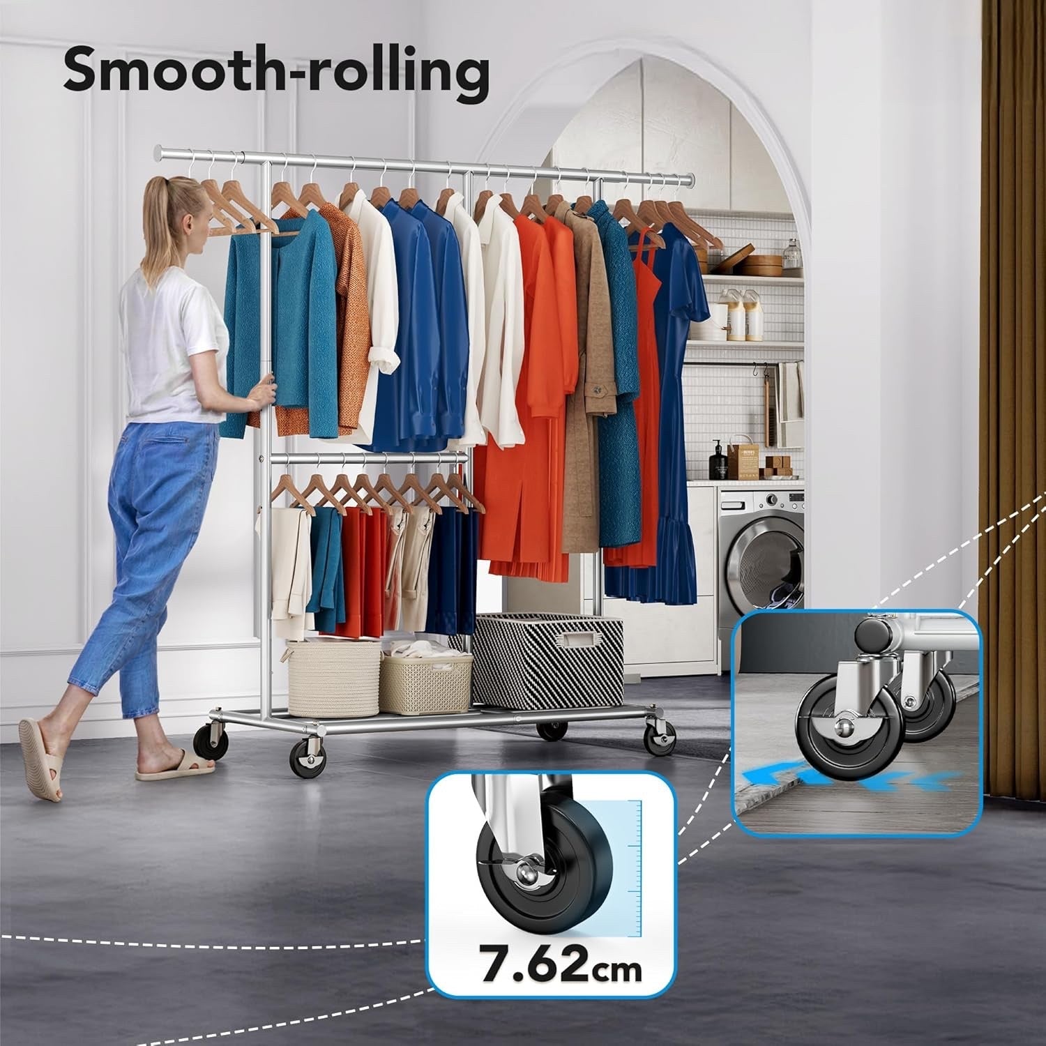 Heavy Duty Double Clothes Rail w/ Wheels 209kg Adjustable Mobile Rack