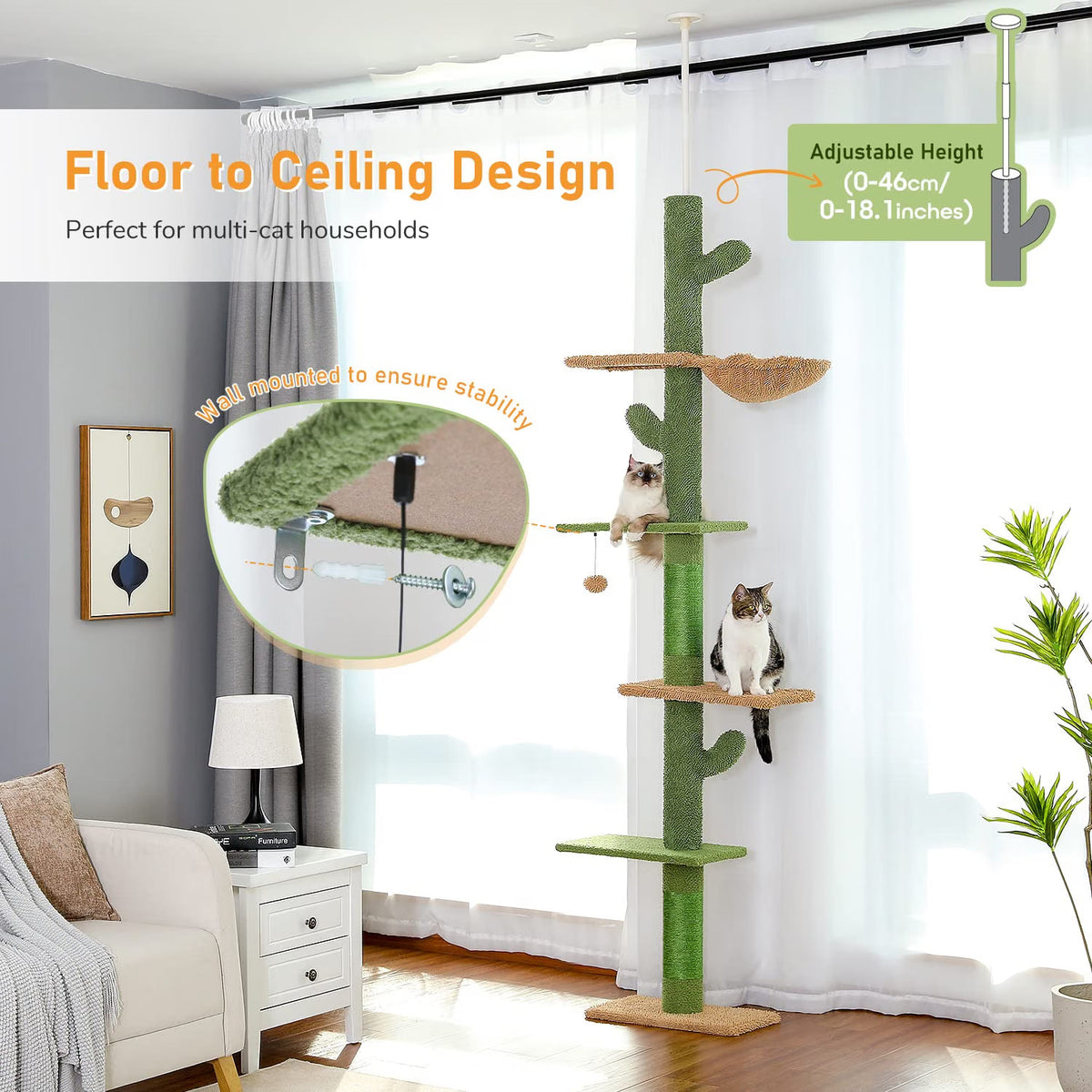 Cat Tree Scratching Tower 229-275cm 5 Tier Cactus Floor Ceiling Hammock Green