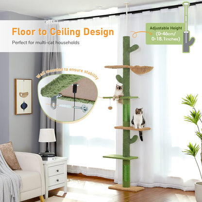 Cat Tree Scratching Tower 229-275cm 5 Tier Cactus Floor Ceiling Hammock Green