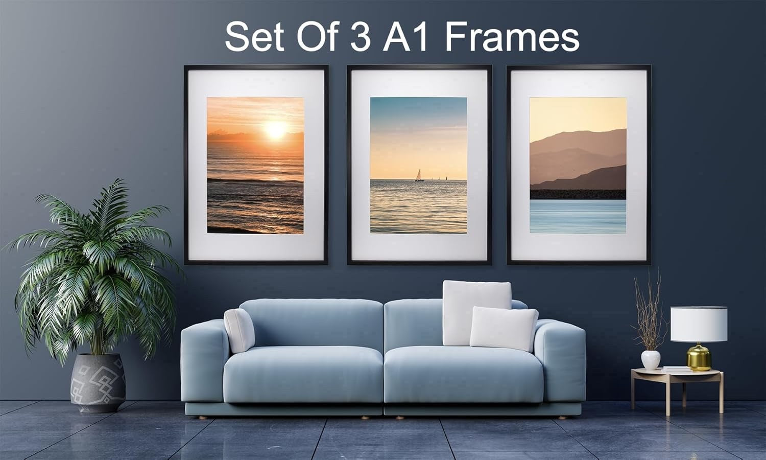 Black A1 Picture Frame Set of 3 with Mount for A2 Poster Gallery Photo Frames