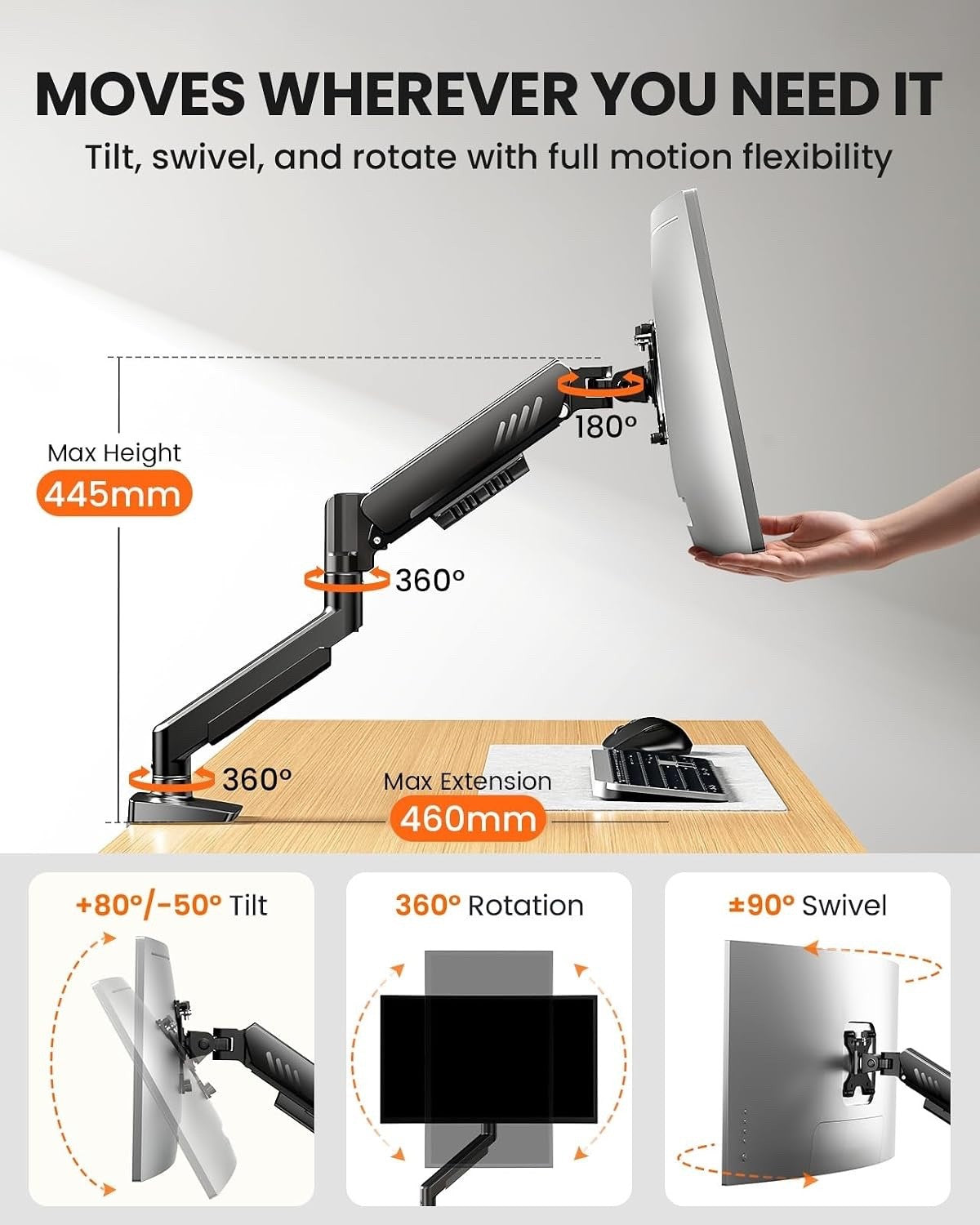 Monitor Stand Arm Desk Mount Single 13-34in Tool-Free VESA Adjustable 9kg Black