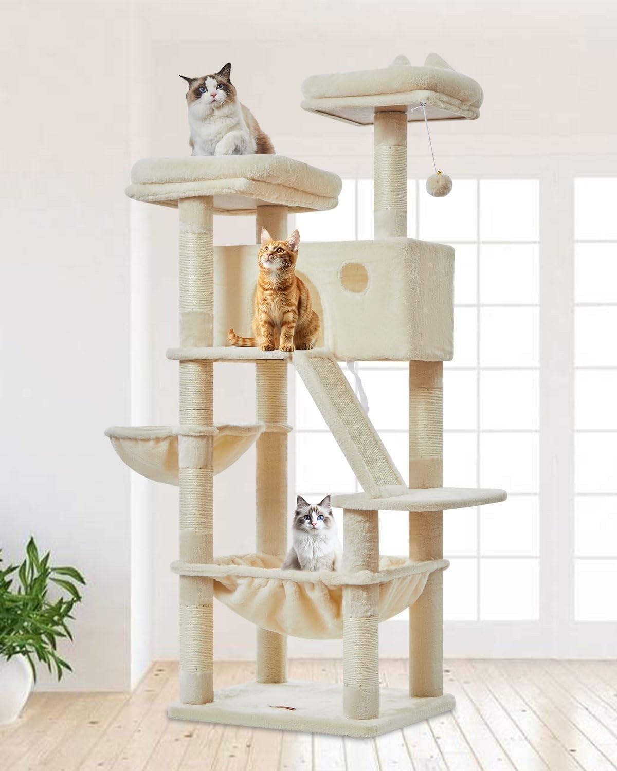 Cat Tree Scratching Tower 146cm Large Indoor Condo Hammock 8 Sisal Posts Beige
