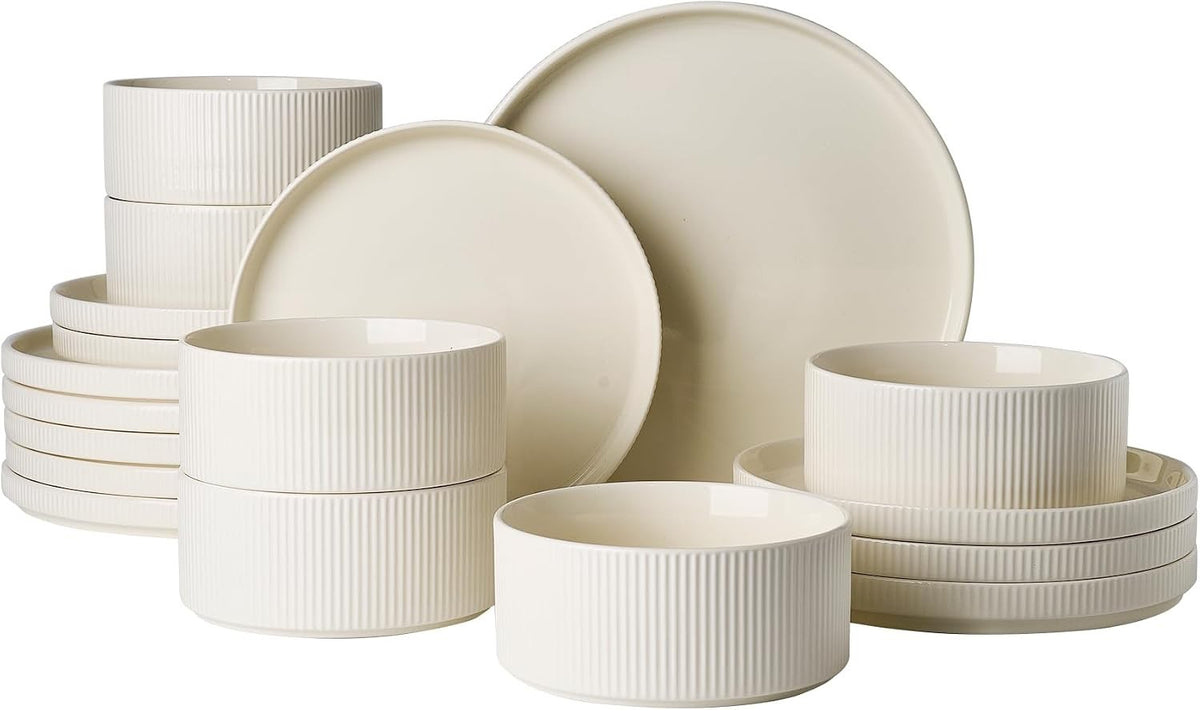 Dinner Set Porcelain Plates Bowls 18 Piece for 6 Cream Rust Red Trim Microwave