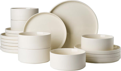Dinner Set Porcelain Plates Bowls 18 Piece for 6 Cream Rust Red Trim Microwave