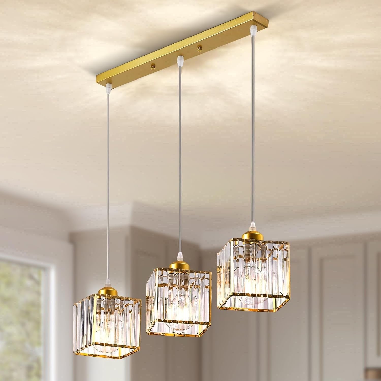 Crystal Chandelier Ceiling Light 3 Lights Adjustable Height E27 Pendant Modern