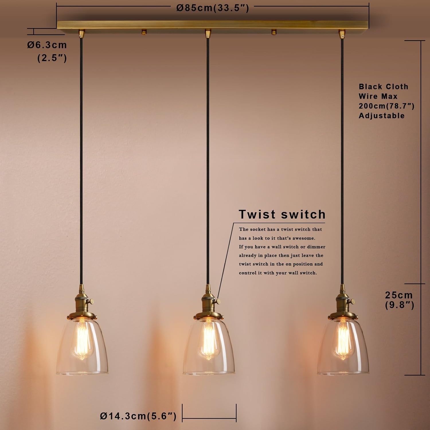 Industrial Vintage 3 Light Pendant Chandelier Glass Globe E27 Loft Ceiling
