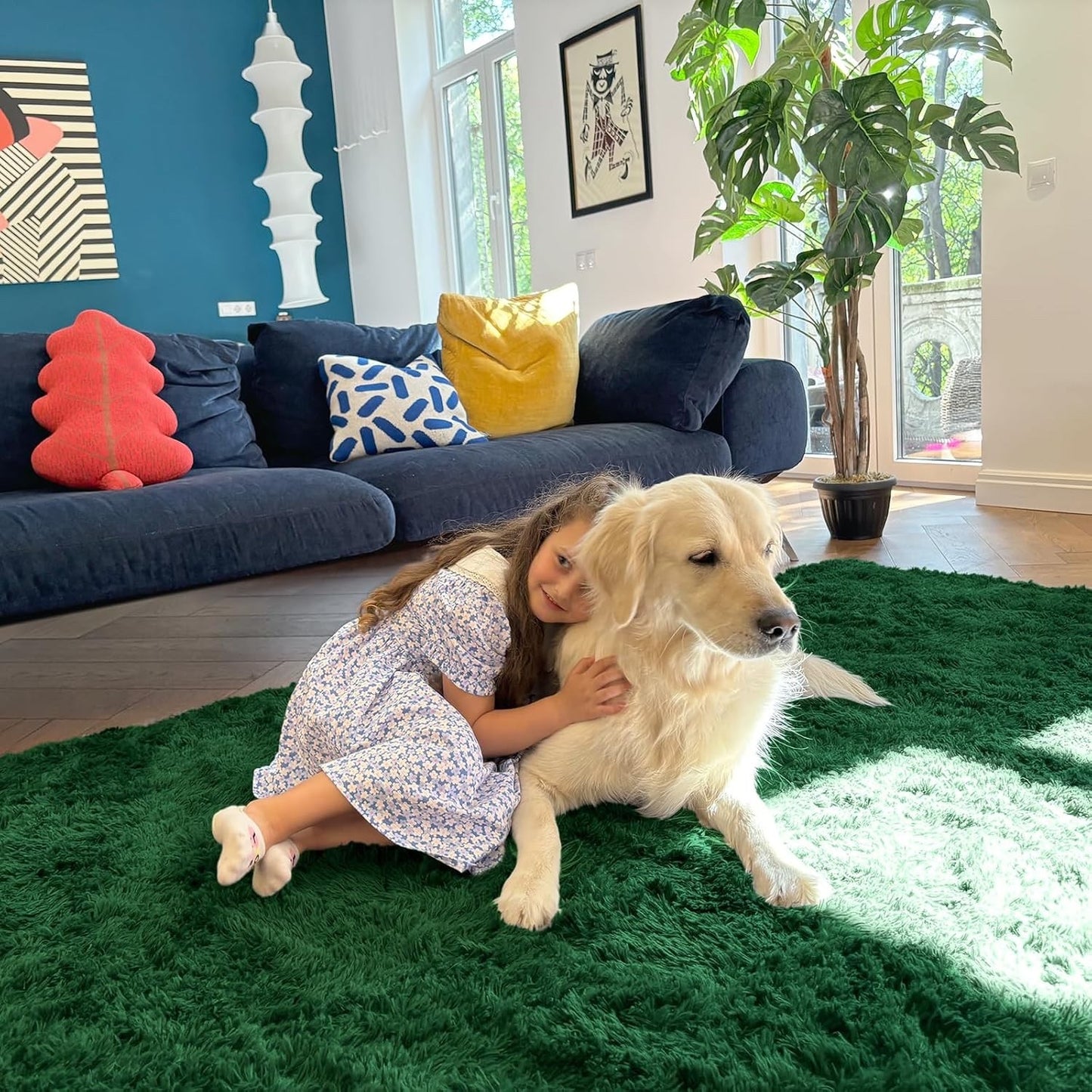 Large Shaggy Rug 200x280cm Dark Green Washable Non Slip Soft Bedroom Carpet