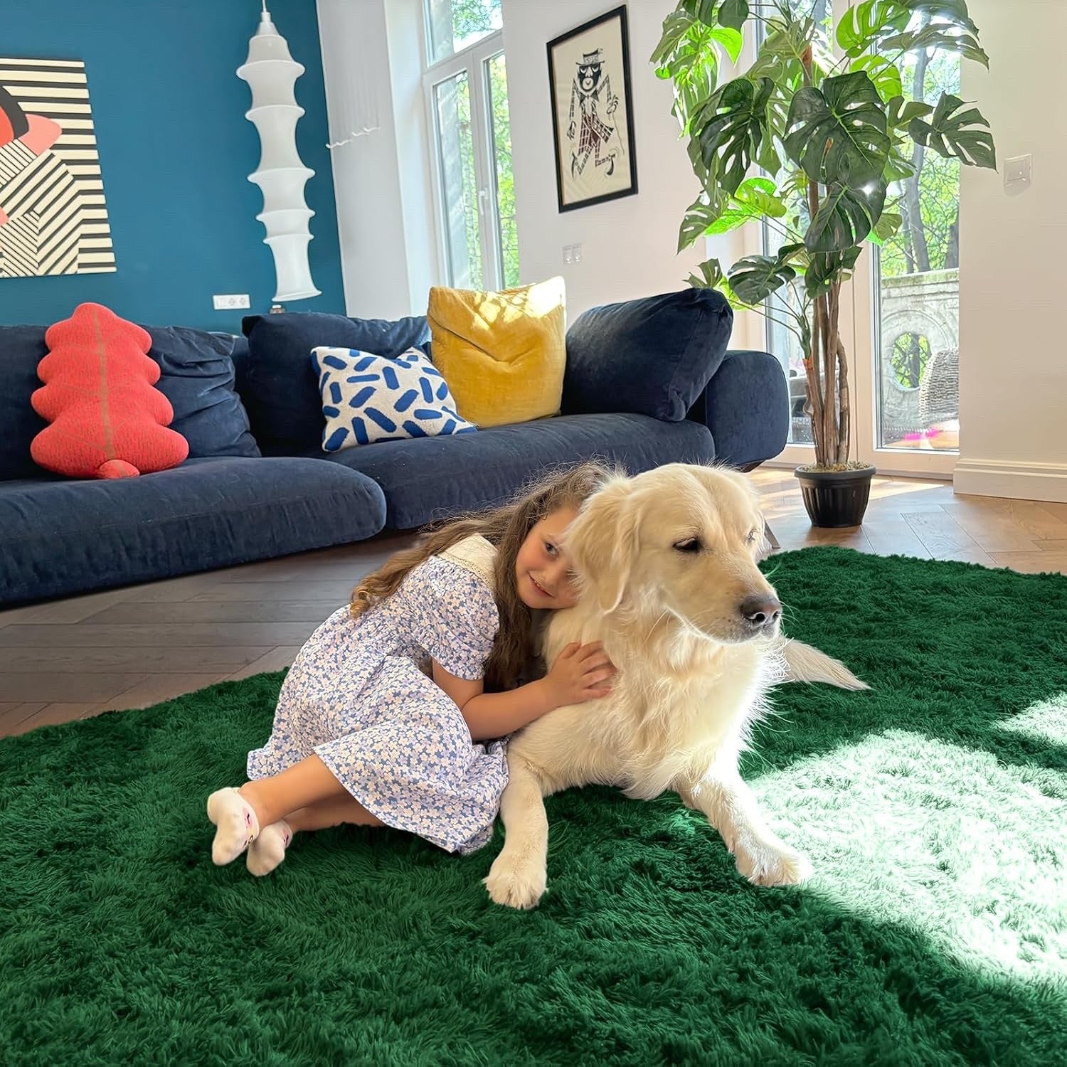 Large Shaggy Rug 200x280cm Dark Green Washable Non Slip Soft Bedroom Carpet